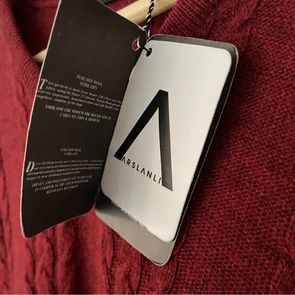 ARSLANLI DEEP RED/BURGUNDY V NECK CABLE KNIT WOOL BLEND SWEATER, LARGE - Picture 10 of 12